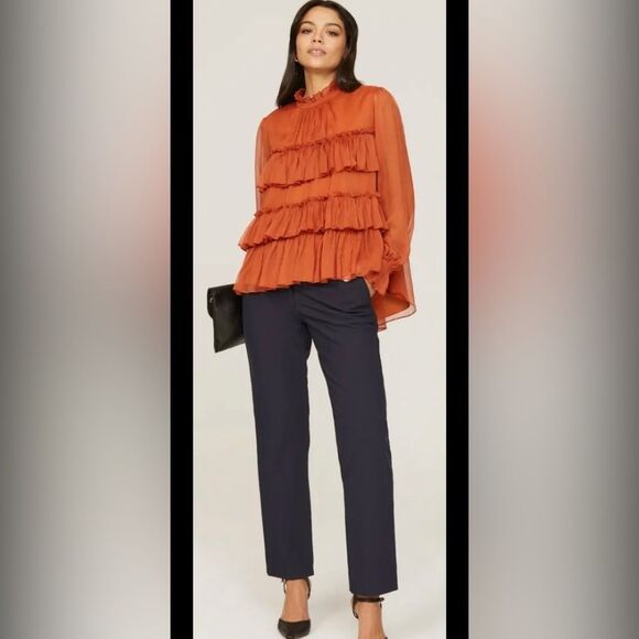 Adam Lippes Orange Cuffed Sleeve Blouse with Mandarin Collar, US0 - Picture 6 of 16